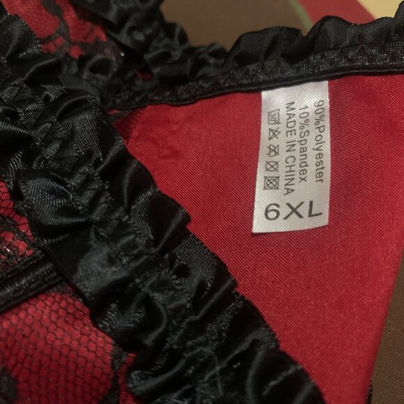 Corset Bustier Red & Black Lace Ruffle Trim Bow Accents Hook Front Closure Sz 6X - Picture 9 of 11